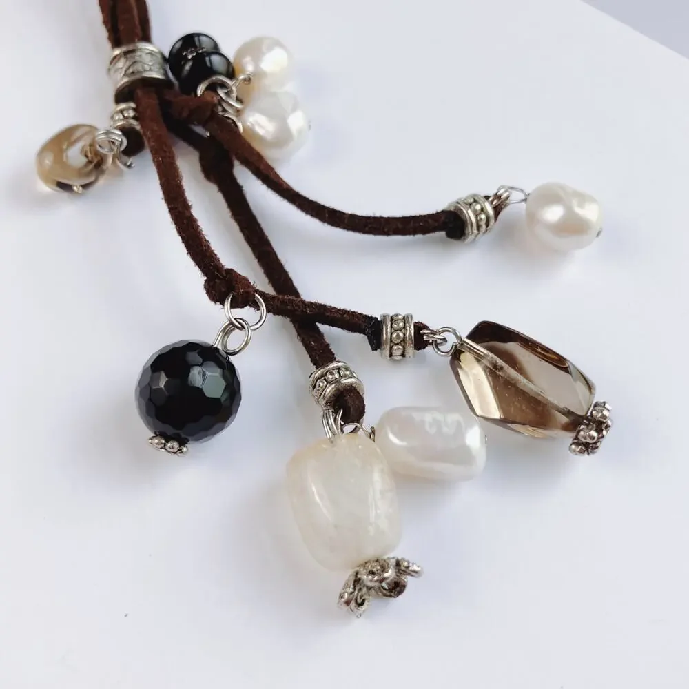 VTG Gemstone Freshwater Pearls Long Necklace Spinel Quartz Tourmaline Suede Boho